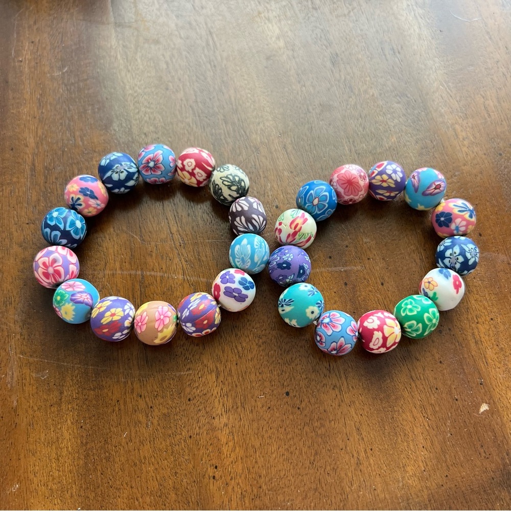 Unique Millfiori style Rubber Bead Bracelet Elastic 2 bracelets bright colorful